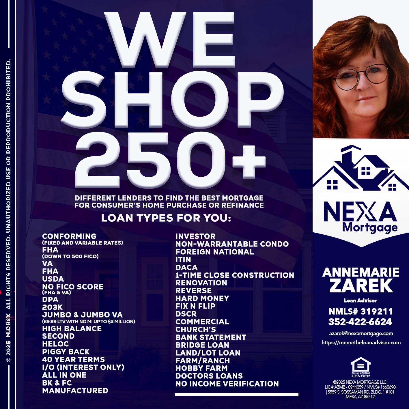 WE SHOP 250+ - AnneMarie Zarek -Mortgage Loan Originator