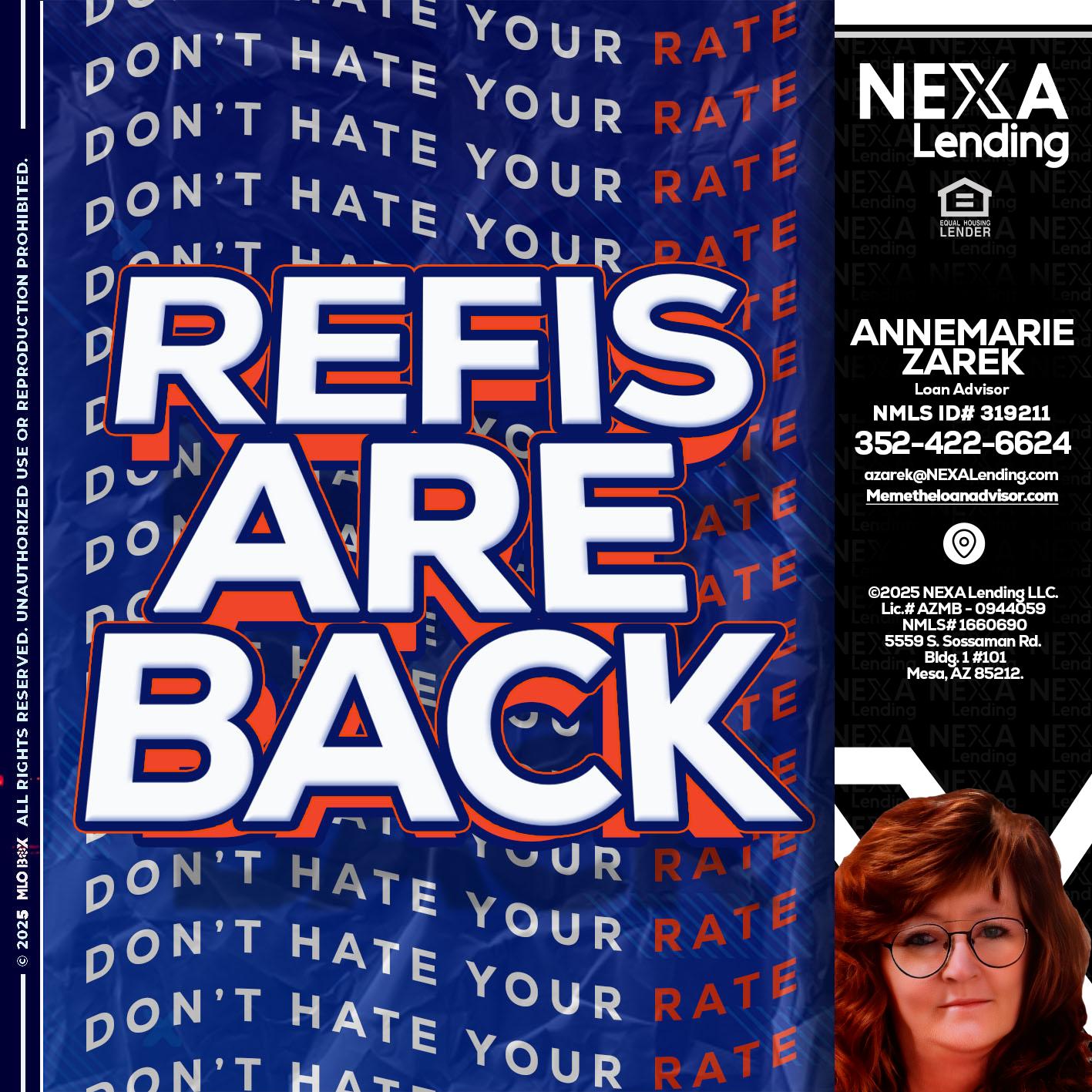 refis are back - AnneMarie Zarek -Mortgage Loan Originator