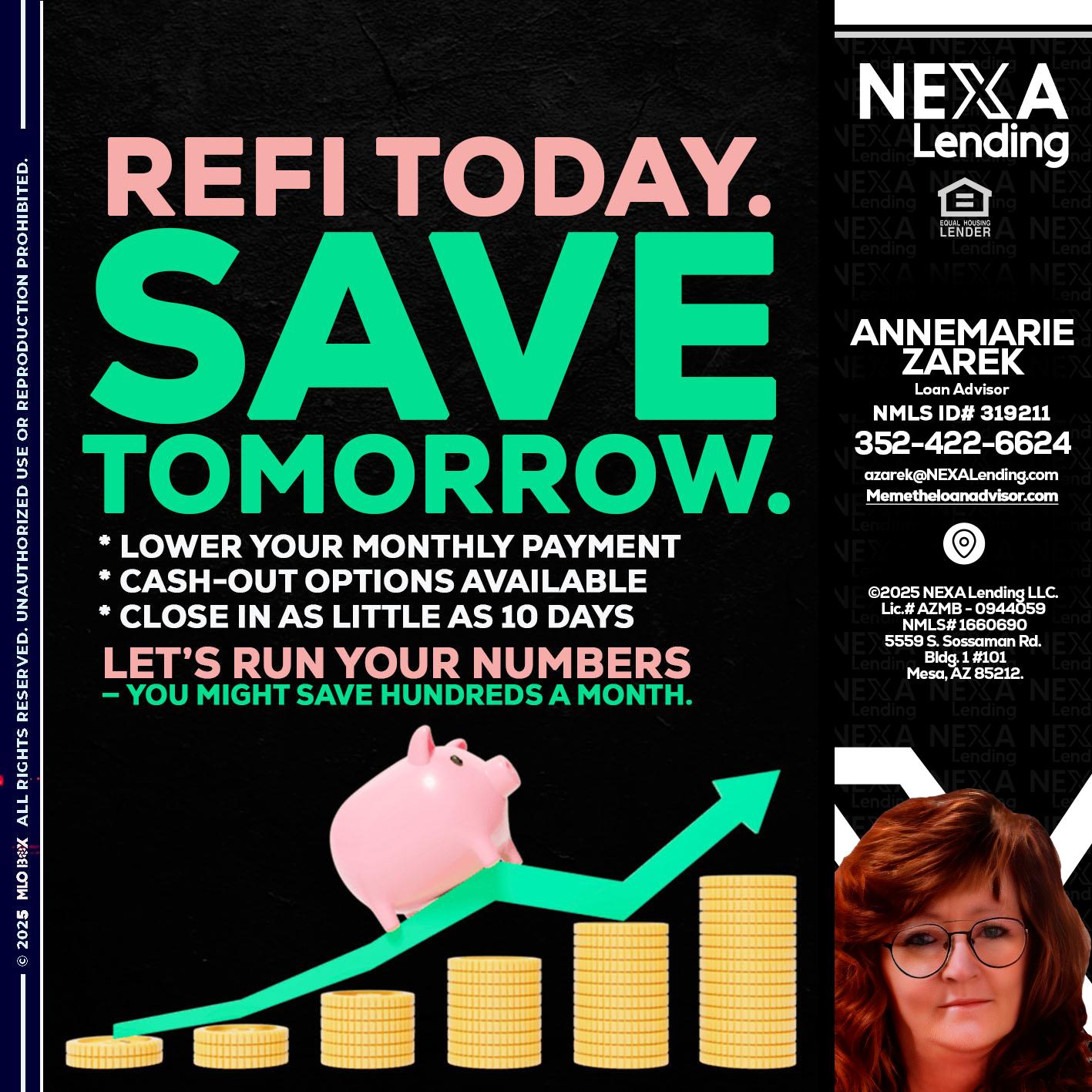 REFI TODAY SAVE TOMORROW - AnneMarie Zarek -Mortgage Loan Originator