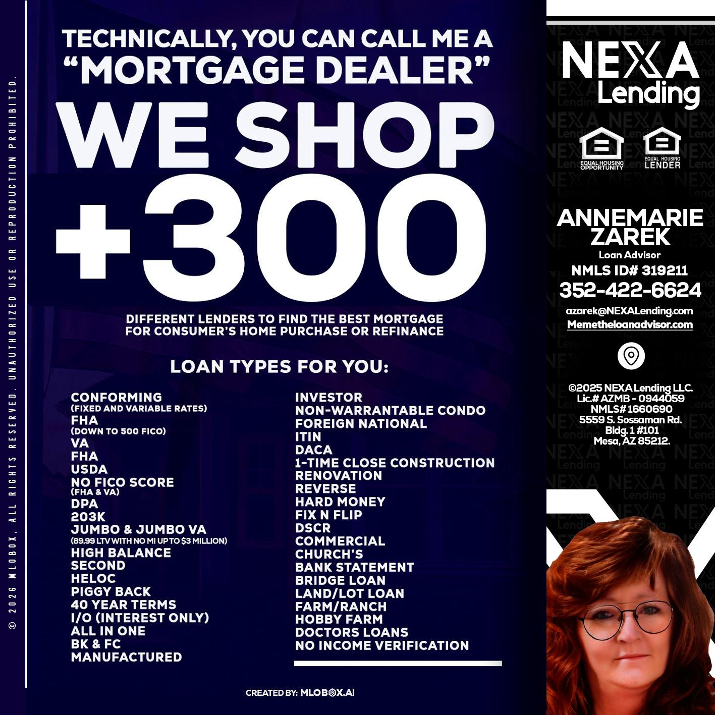 300+ LENDERS - AnneMarie Zarek -Mortgage Loan Originator