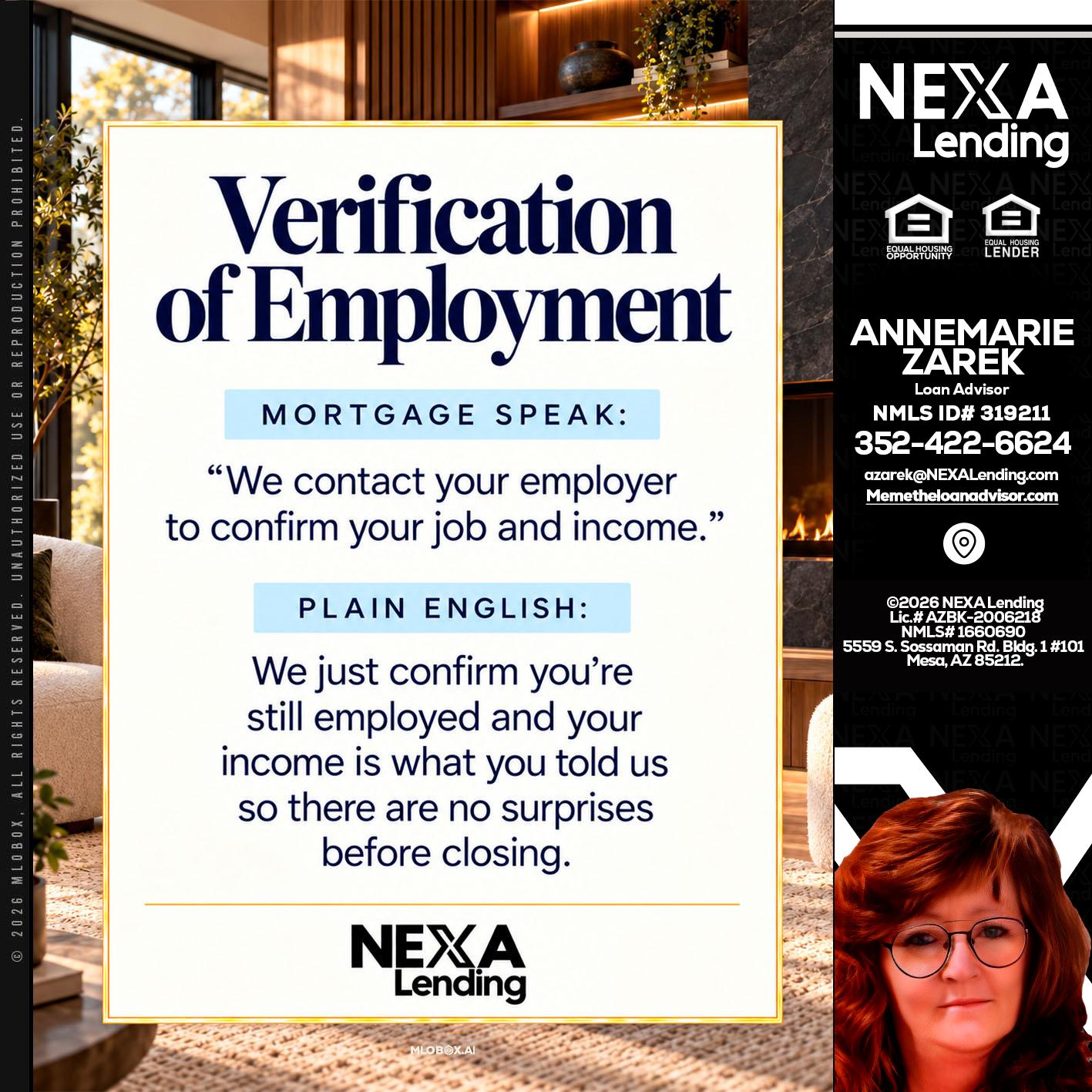 VERIFICATION OF EMPLOYMENT - AnneMarie Zarek -Mortgage Loan Originator